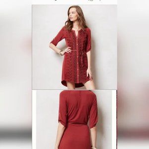 Anthropologie Tiny Pima Shirtdress XS NWOT Red Burnt Orange Floral Embroidery